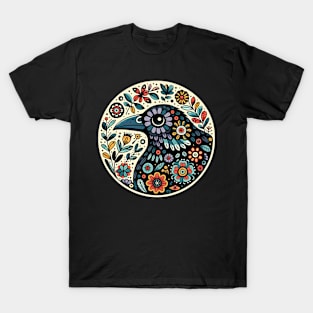 Whimsical folk art, loves crows, loves birds, crows, raven, a guardian of nature, sits among flowers, evoking a sense of protection. T-Shirt